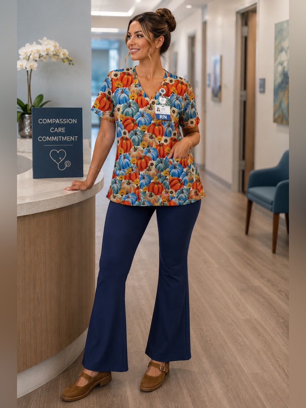 NWT eliteMed Performance Pumpkin Sunflower Harvest Scrub Top Size S